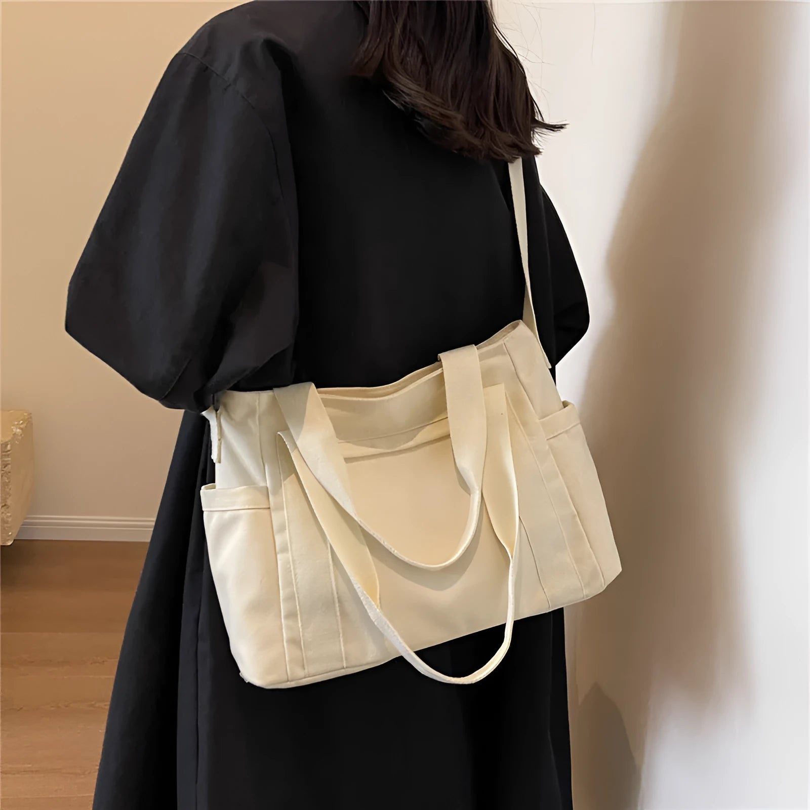 Women's canvas shoulder tote bag with sandwich pocket in solid colour options