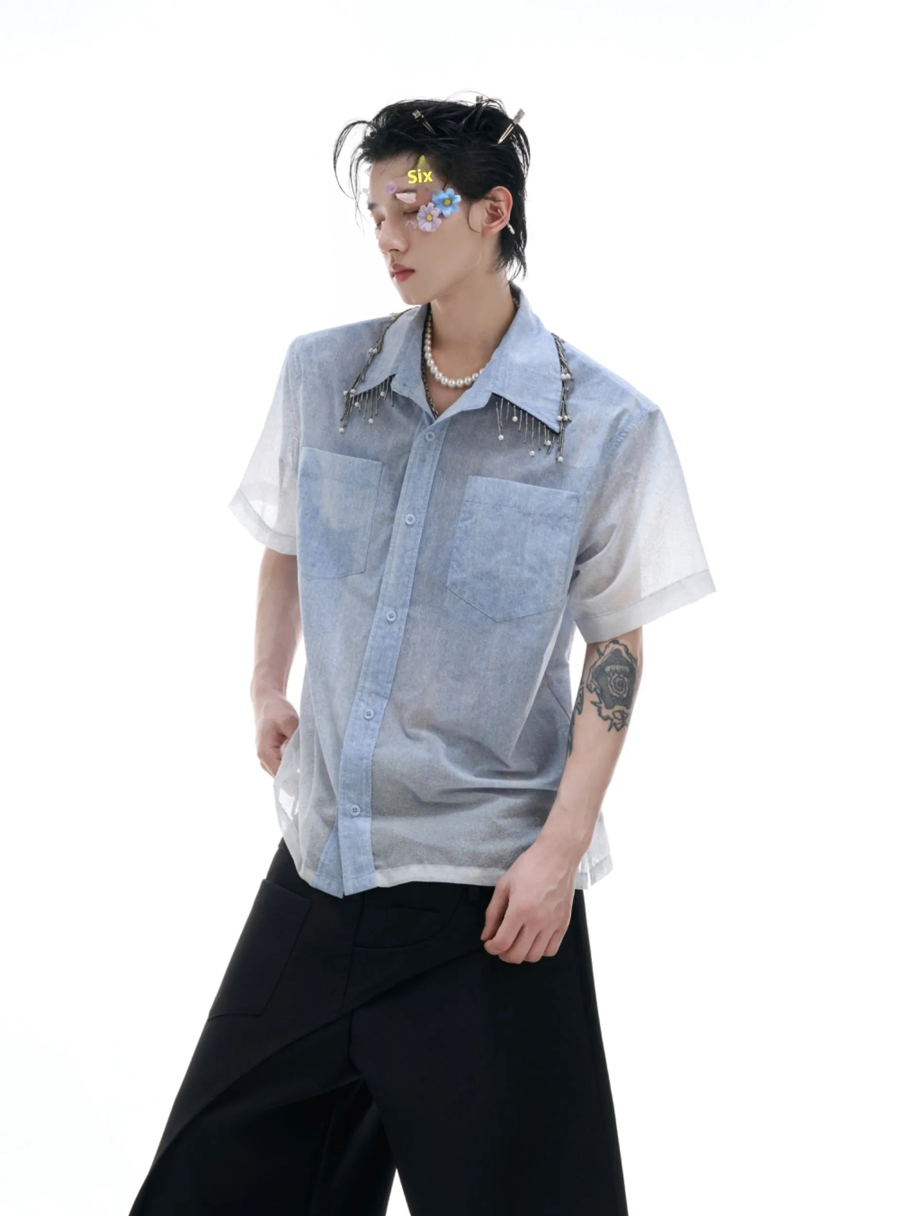 Blue loose fit men's summer shirt with half sleeves on hanger