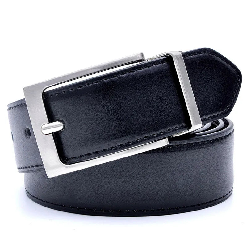 Men's dark brown and black genuine leather belt with a rotating alloy pin buckle