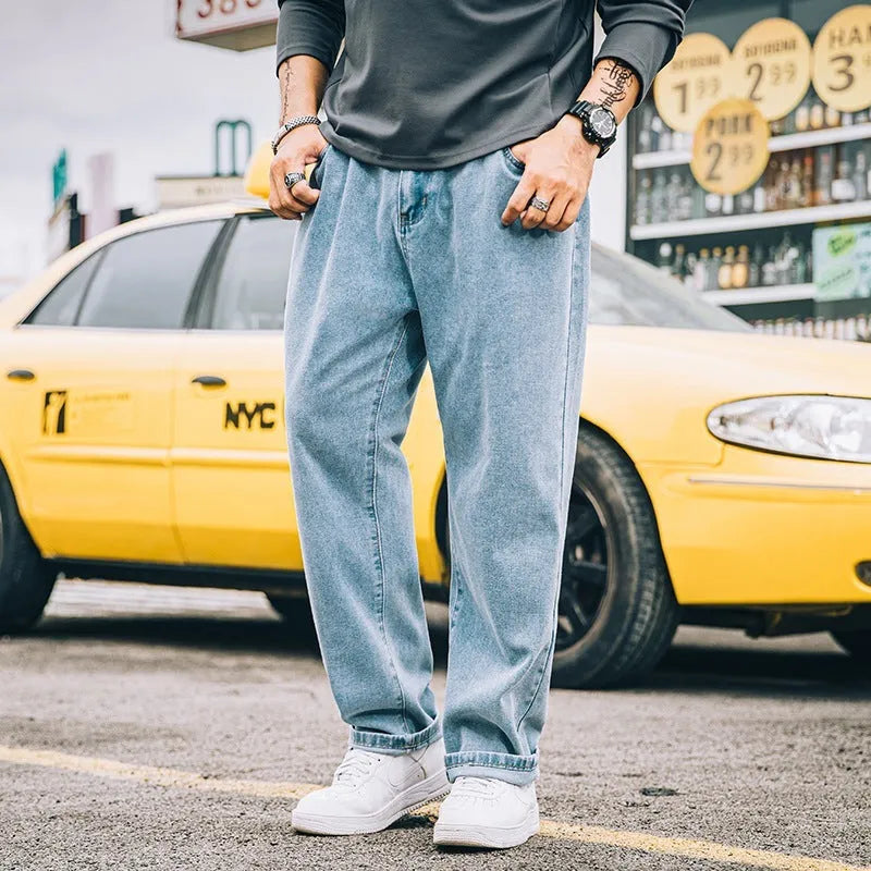 Men's loose straight jeans in cotton fabric available in dark blue, light blue and grey colours