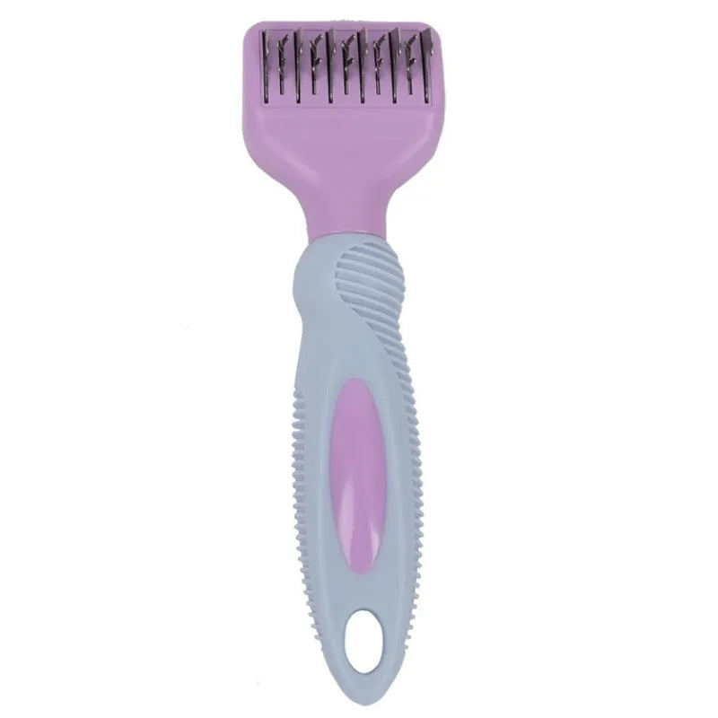 Pink stainless steel dog grooming comb with massage function and knot knife for pet fur care