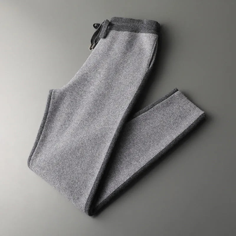 Men's cashmere wool blend knitted suit set with half turtleneck zipper cardigan and matching trousers for winter wear