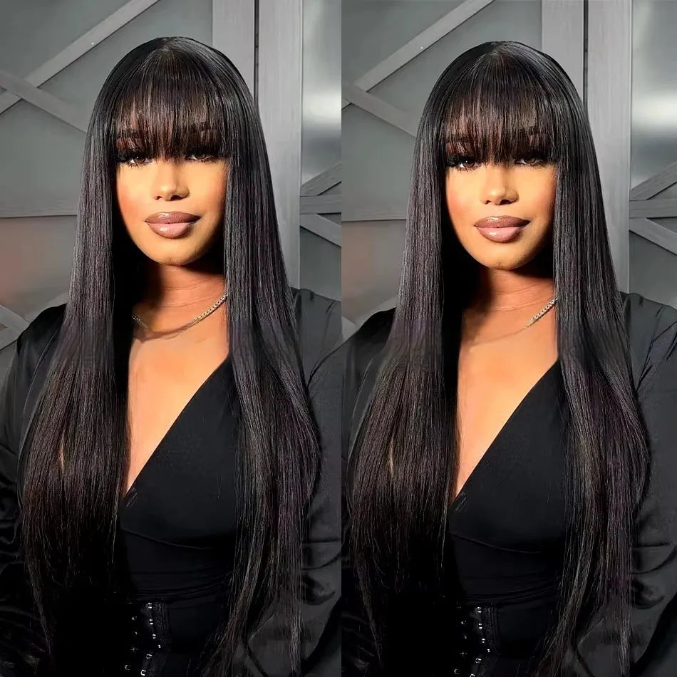 Natural colour human hair wig with full-mechanism headgear shown at medium length