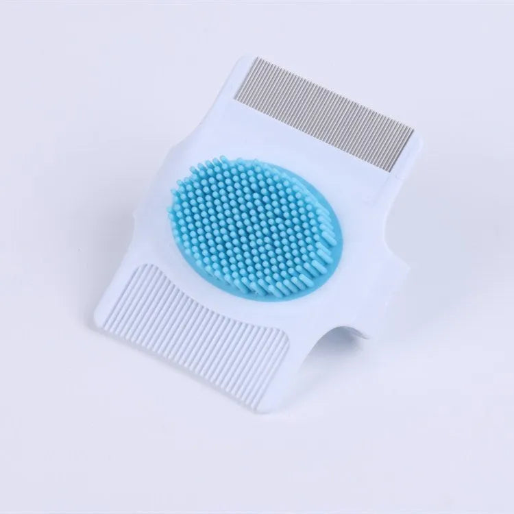 Blue multifunctional dog grooming comb with floating hair removal and massage features
