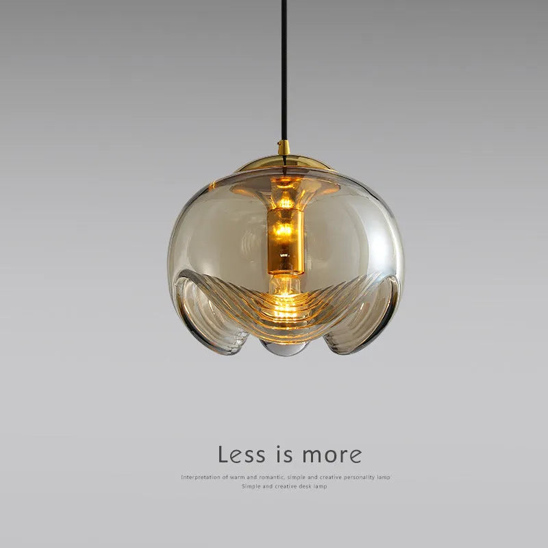 Modern minimalist glass bedside chandelier with 250mm diameter, shown in transparent, amber, and smoky grey colour options.