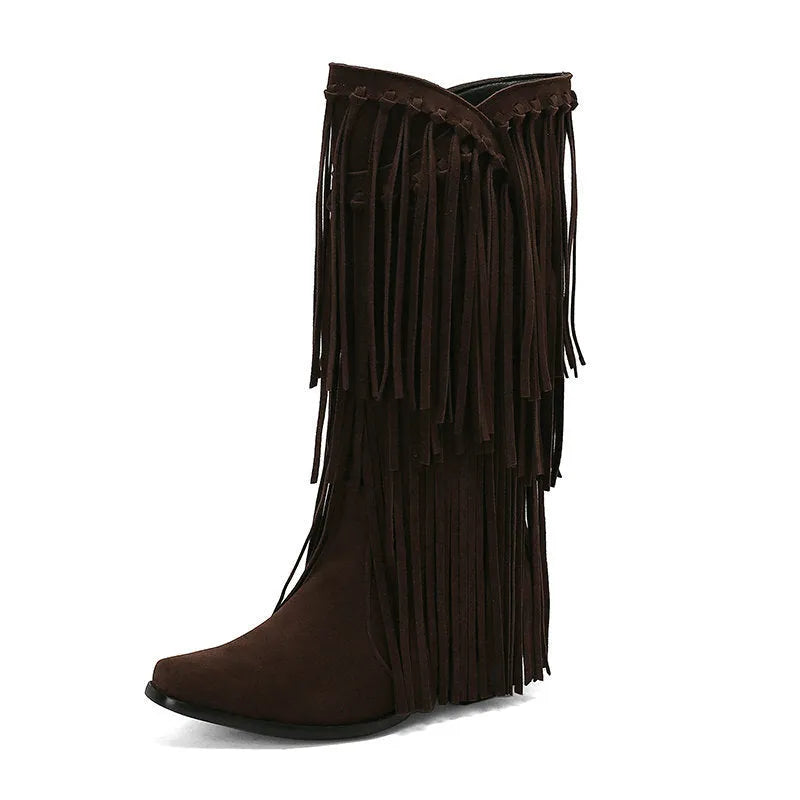 Women's suede knee-high boots with a chunky heel, square toe, and waterproof platform in multiple colours.