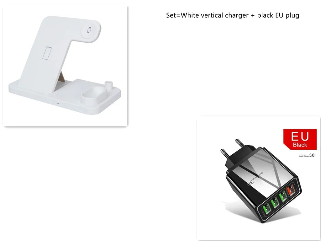 4-in-1 wireless charging station with adjustable phone stand charging multiple devices