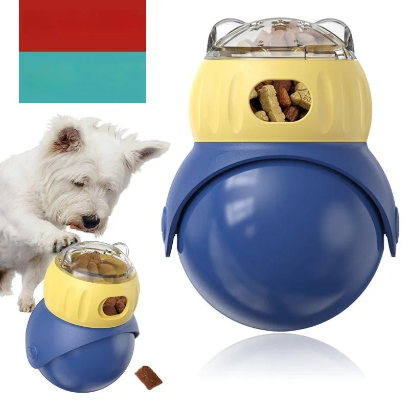 Morandi yellow and blue plastic owl-shaped cat puzzle feeder toy for slow feeding.