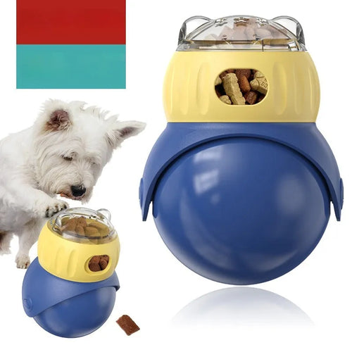Morandi yellow and blue plastic owl-shaped cat puzzle feeder toy for slow feeding.