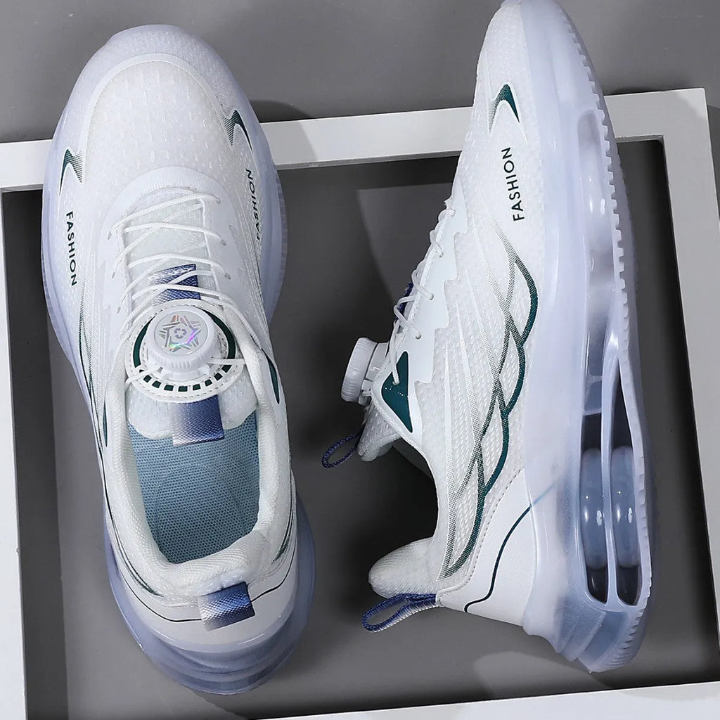 White youth sports shoes with rotating button fastening and mesh upper