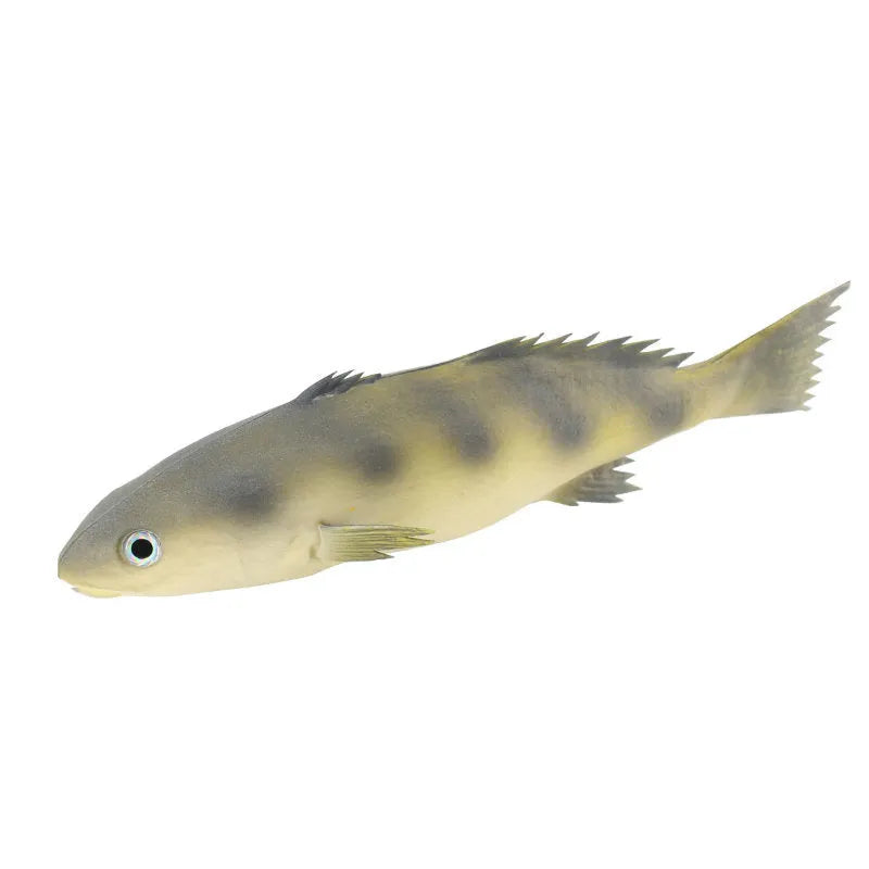 Set of three PU simulated fish model ornaments: yellow-fin tuna, flower fish, and yellow croaker.