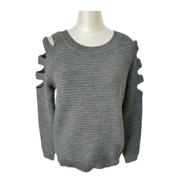 White women's knitted shirt with hollow-out sleeves and round neck