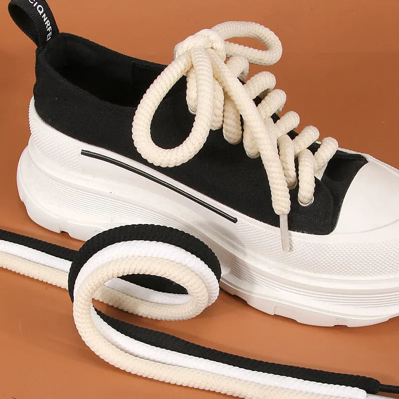 Round woven shoelaces in white, beige, and black colours showing different thickness and length options.
