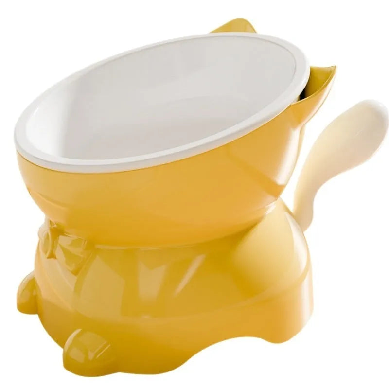 Stainless steel slanted cat bowl in black, blue, pink, or yellow colour with a non-slip base.