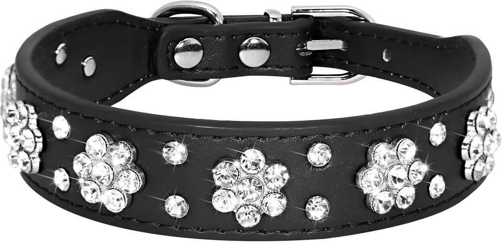 Black PU leather dog collar with silver rhinestone flower pattern and studs, shown on a small dog.