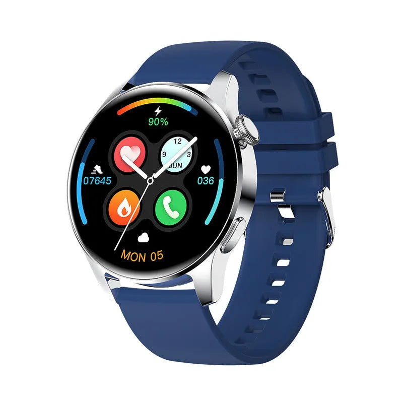 Round screen smartwatch with silicone strap showing heart rate and call functions on display.