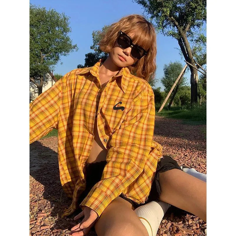 Dopamine yellow plaid shirt in loose fit cardigan style with polyester blend fabric