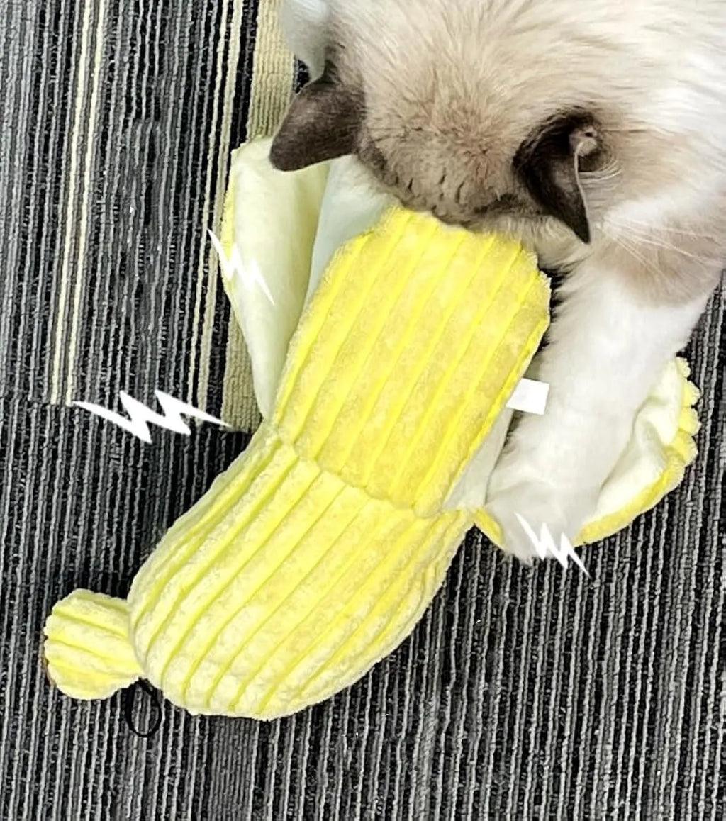 Yellow banana-shaped cat toy with crinkle paper and catnip for indoor cat play