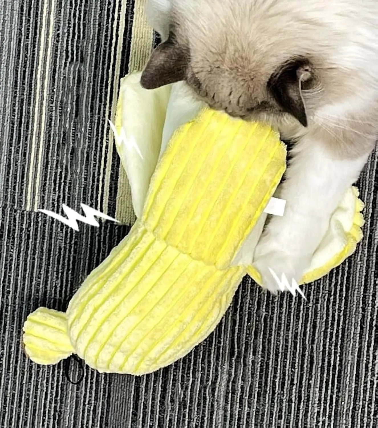 Yellow banana-shaped cat toy with crinkle paper and catnip for indoor cat play