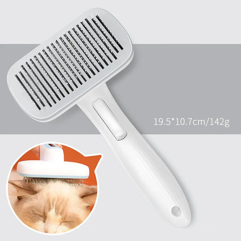 Automatic pet hair removal comb in blue, grey, green, or pink colours for dogs and cats