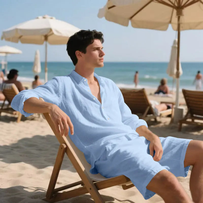 Men's linen long sleeve shirt and matching shorts set for beachwear in various colours.