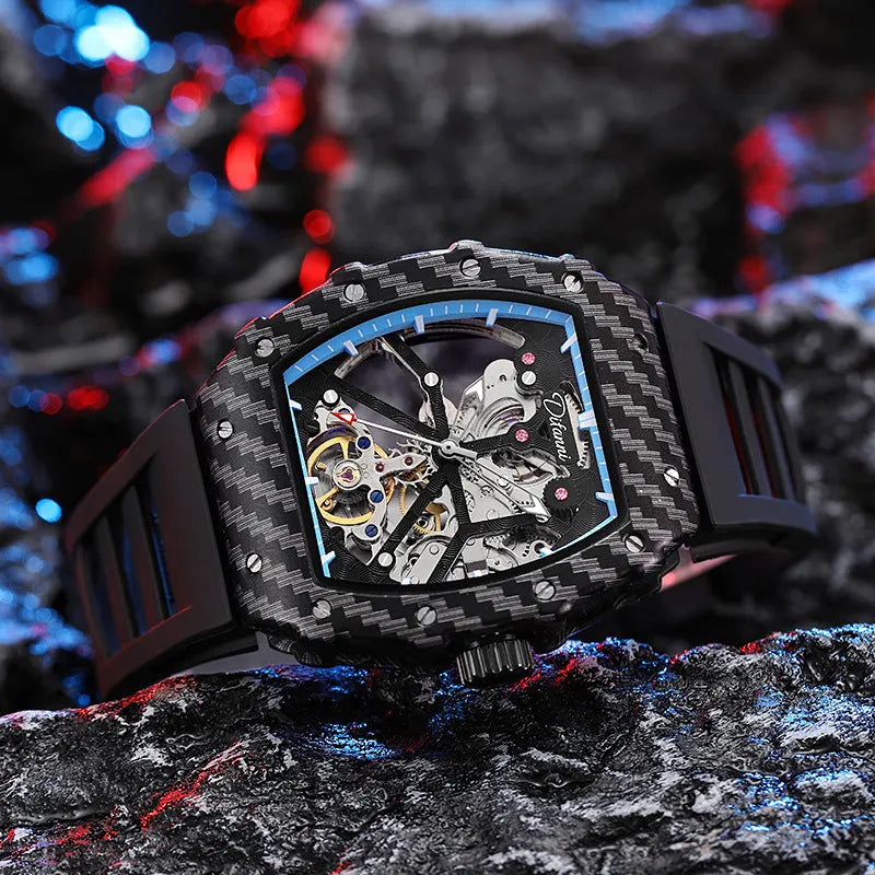 Men's mechanical luminous waterproof watch with black dial and rubber strap