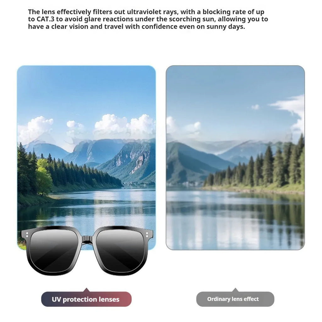 Black AI smart glasses with Bluetooth, touch controls, and UV protection lenses.