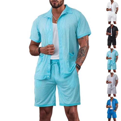 Lake blue see-through beach dress with matching cardigan and shorts set on a model.