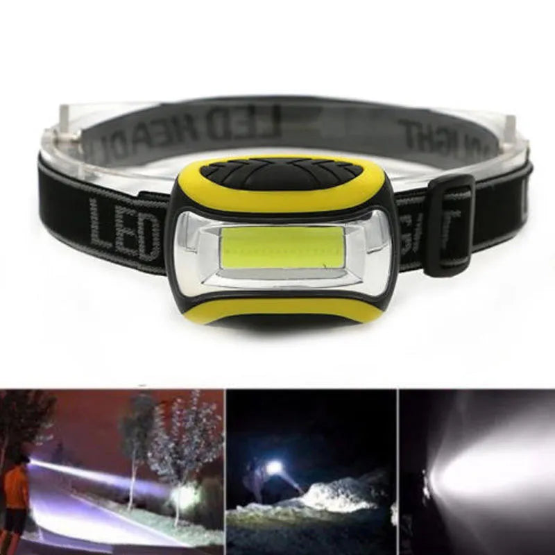 Yellow plastic three-speed COB headlamp with adjustable head strap for outdoor activities