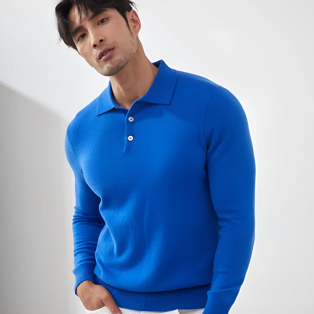 Men's sapphire blue cashmere short-sleeve pullover sweater with a polo collar.