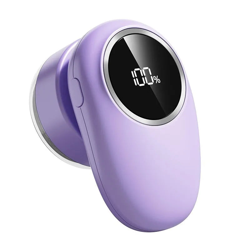 Purple and beige digital fur ball trimmer lint remover with adjustable cutter heads and a USB cable.