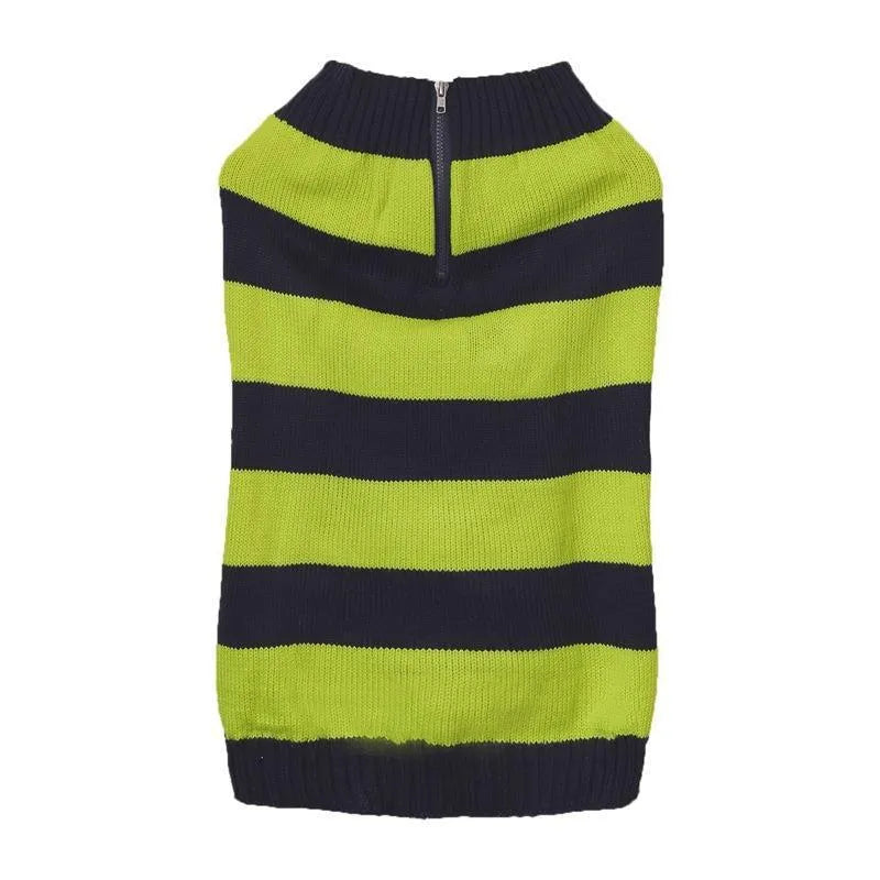 Grey dog sweater with horizontal zipper and contrast colour button pocket on small dog