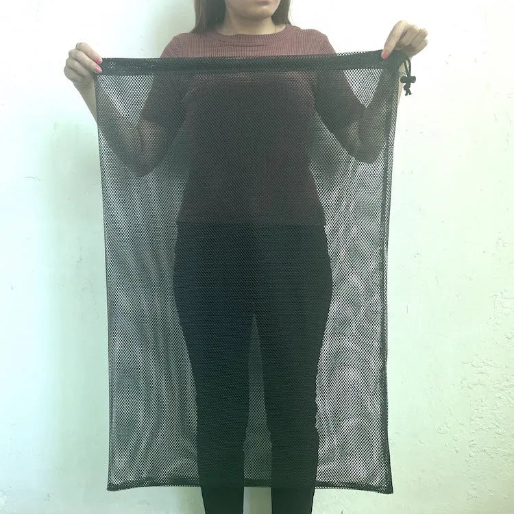 Black mesh drawstring storage bag for children's water balls and toys, shown in three available sizes.