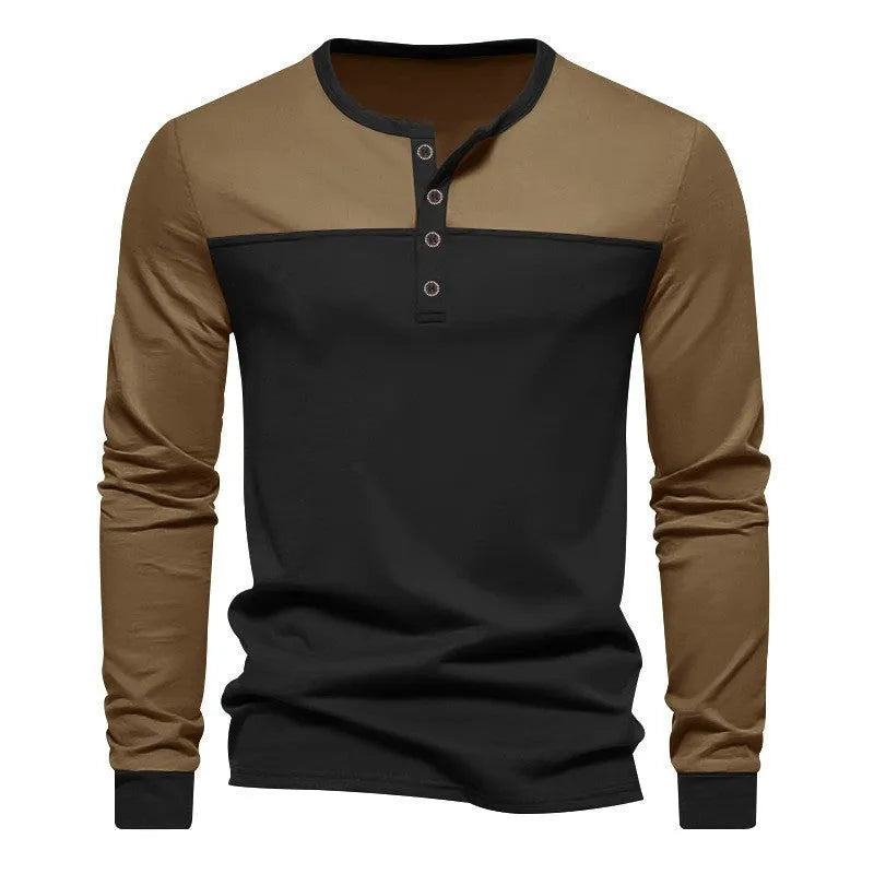 Men's brown army green long-sleeve casual shirt with Henry collar