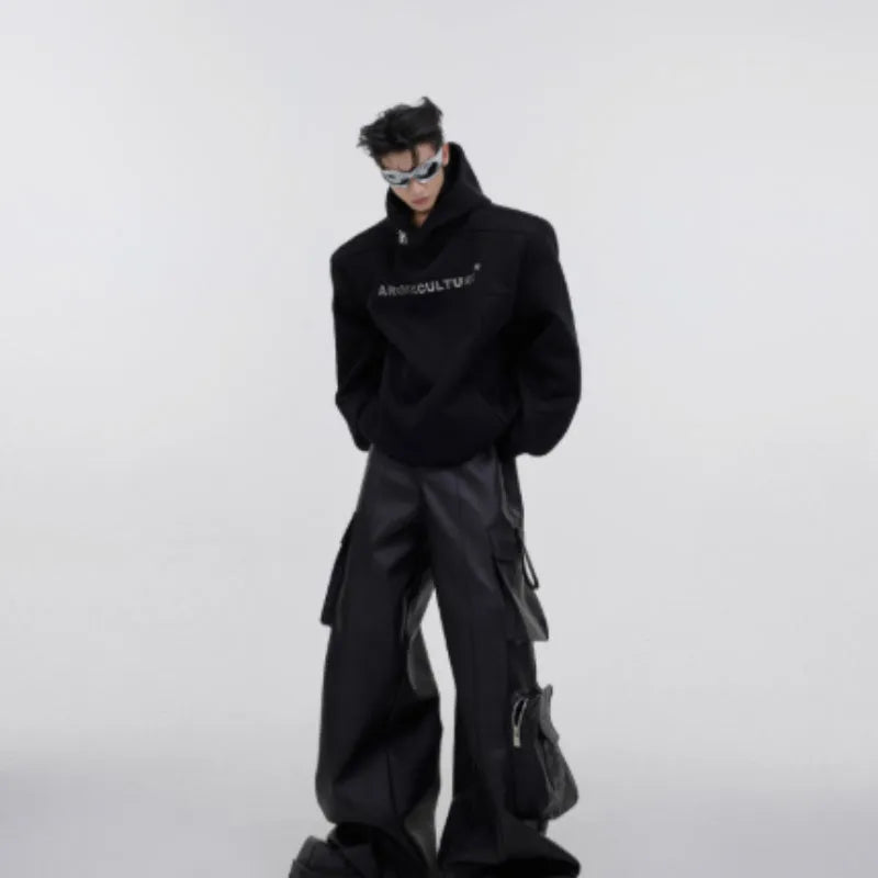 Men's black hooded sweater with heavy shoulder pads and silver metallic 3D printing design.
