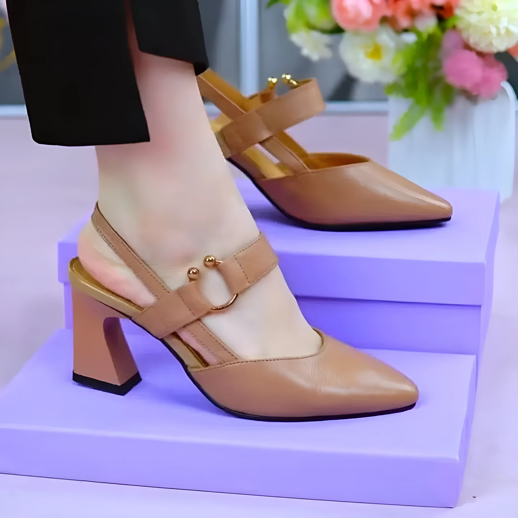 Women's apricot coloured closed toe sandals with a chunky block heel and pigskin leather upper.