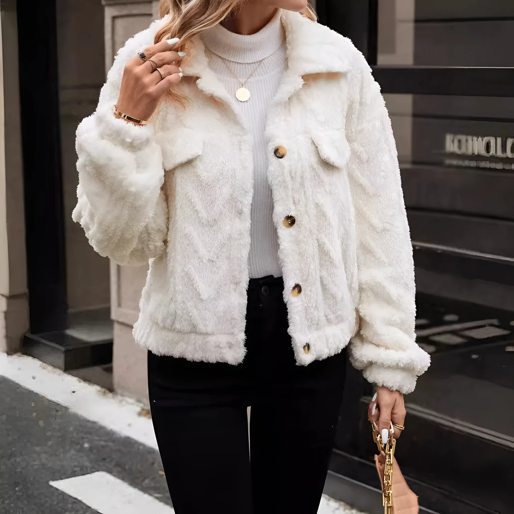 Women's ivory white double-sided plush cardigan with button front in regular fit