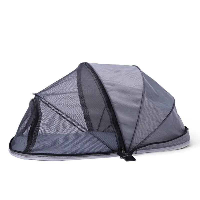 Folding cat tent with half mesh panels in portable travel design for indoor and outdoor use