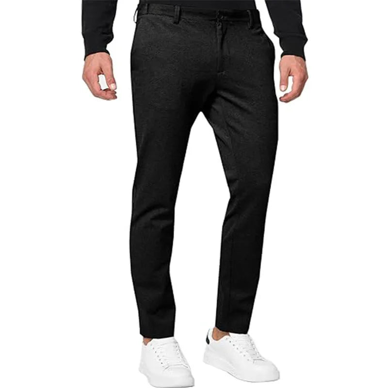 Men's slim-fit tapered chino trousers in solid colours with mid-waist and zipper fly