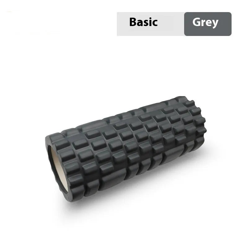 EVA foam roller for fitness in black, grey, pink, sky blue, or light purple, showing size options.