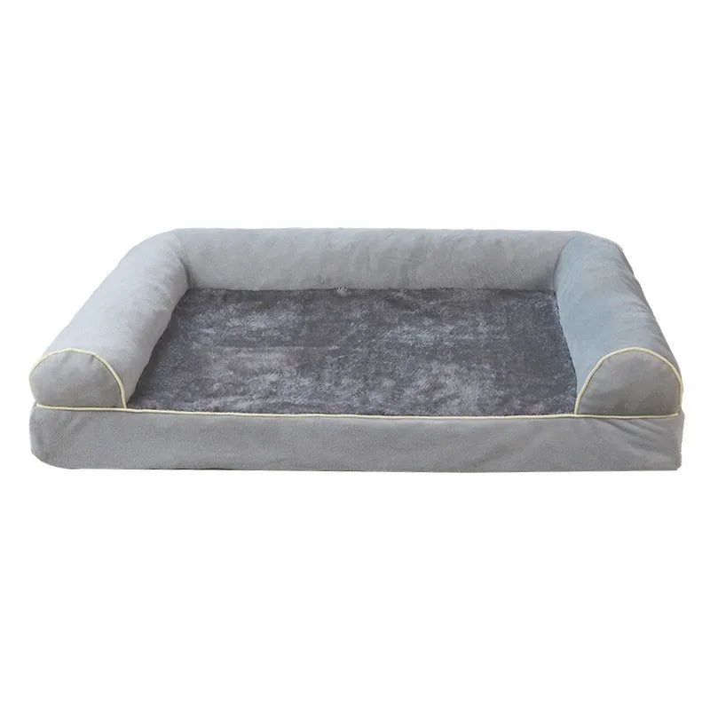 Square cloth dog bed with breathable sponge cushion in blue, shown with size options.