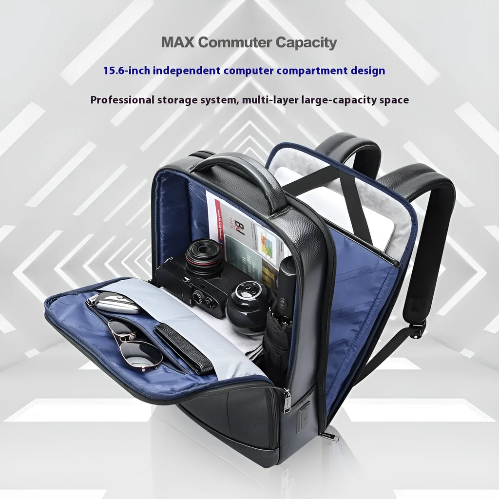Black genuine cowhide leather commuter backpack with USB port and curved strap.