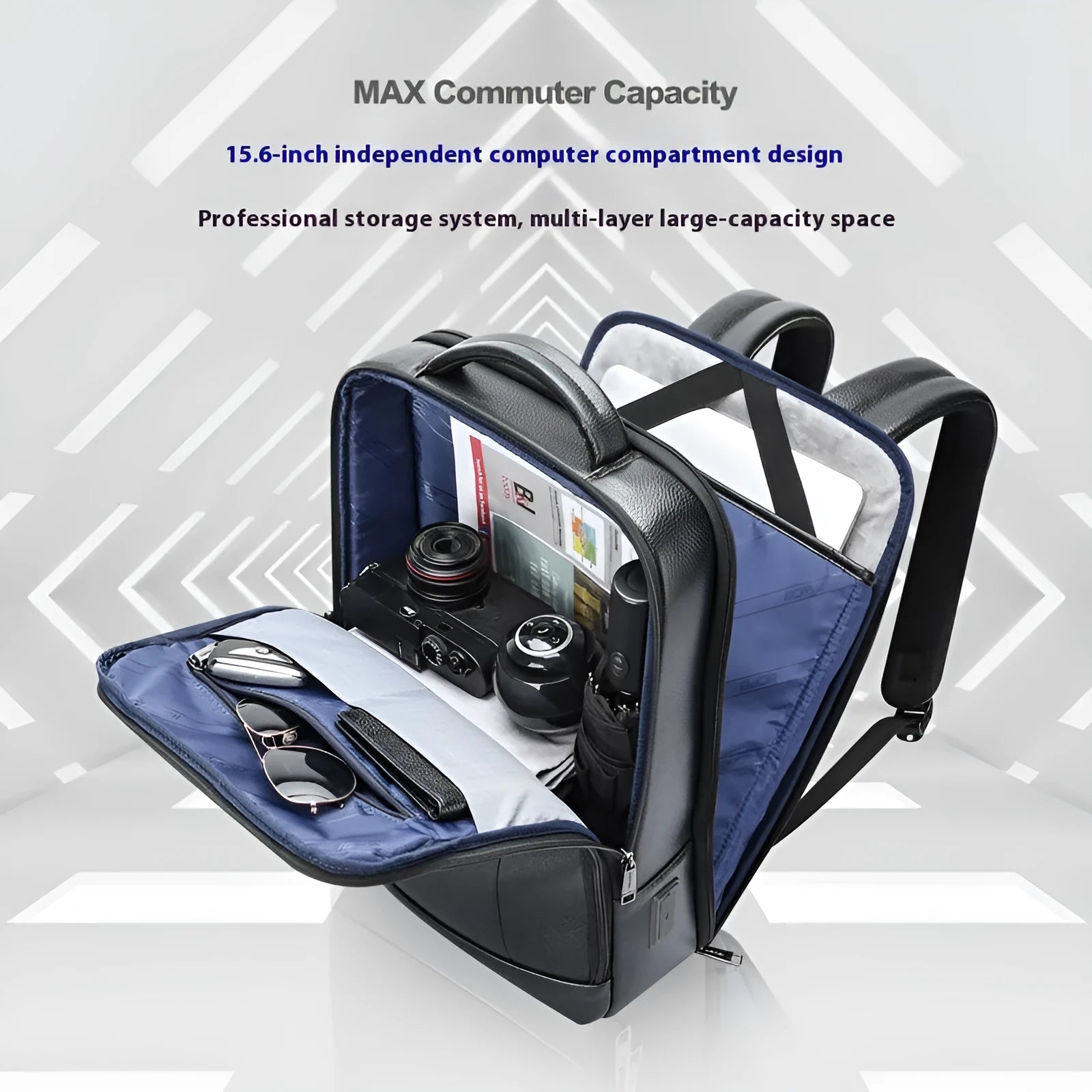 Black genuine cowhide leather commuter backpack with USB port and curved strap.