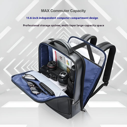 Black genuine cowhide leather commuter backpack with USB port and curved strap.