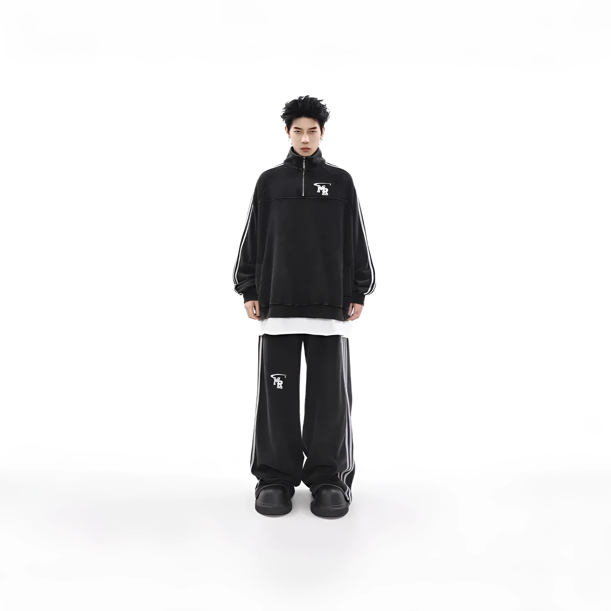 Black Hong Kong style stand collar hoodie for men, shown as a casual sports layer.
