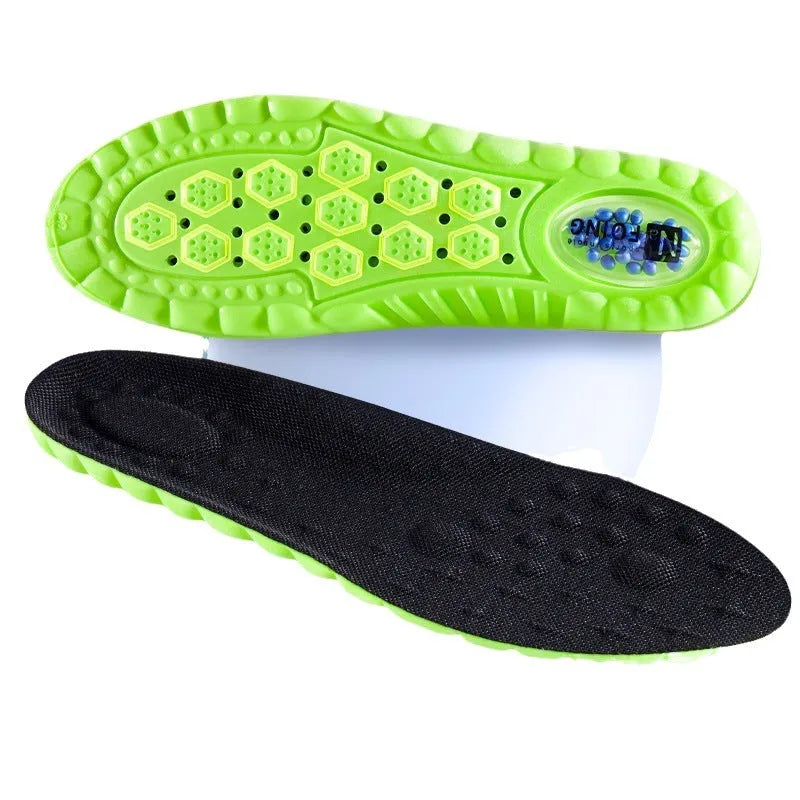 Green PU sports insoles with air cushion shock absorption and argy wormwood infusion on a white background.