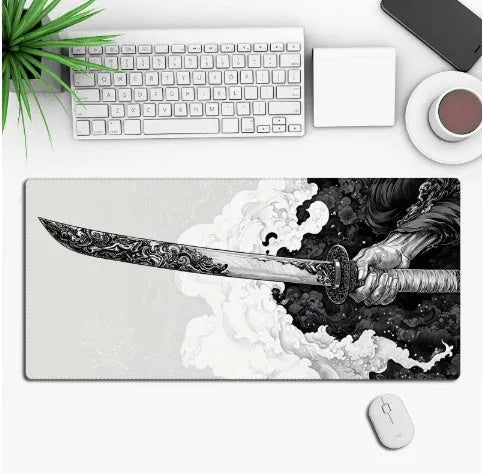 Anime-themed gaming mouse pad on a desk with non-slip rubber cloth base.