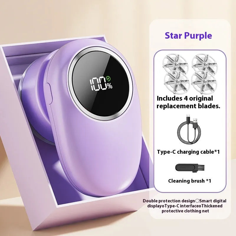Purple and beige digital fur ball trimmer lint remover with adjustable cutter heads and a USB cable.