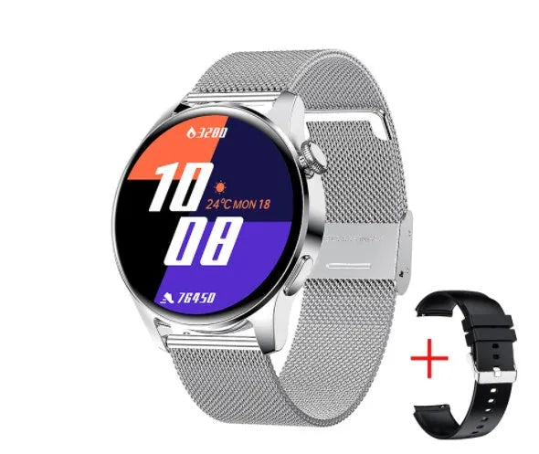 Round screen smartwatch with silicone strap showing heart rate and call functions on display.