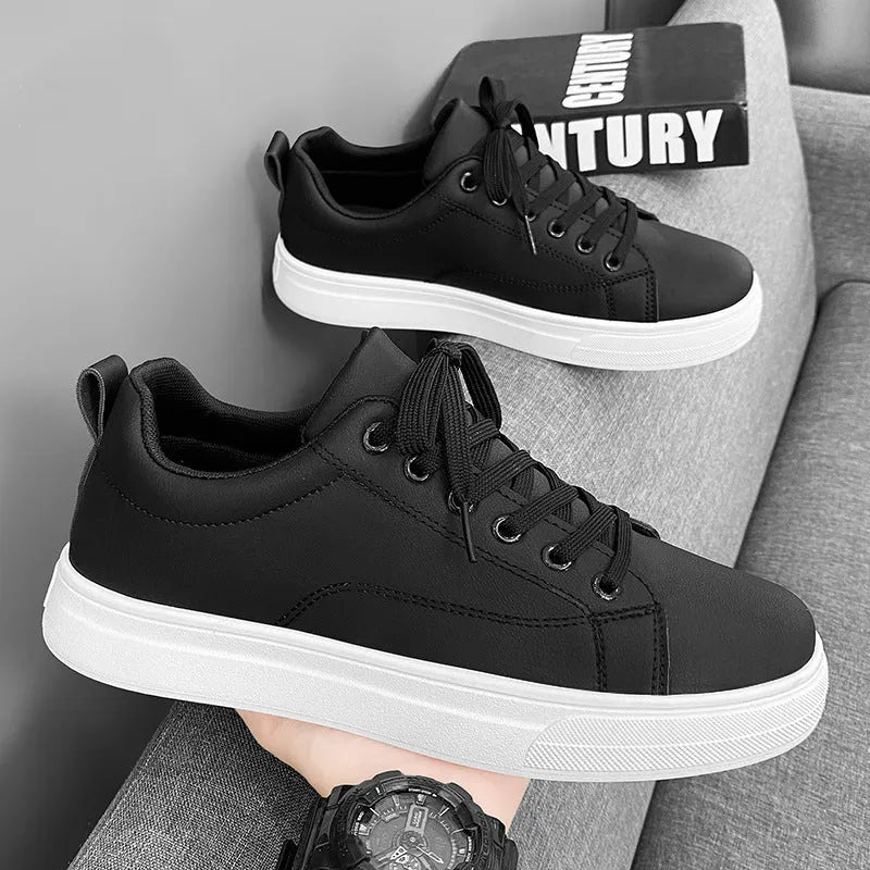 Men's white and black Korean-style low-top sneakers with round toe and rubber sole
